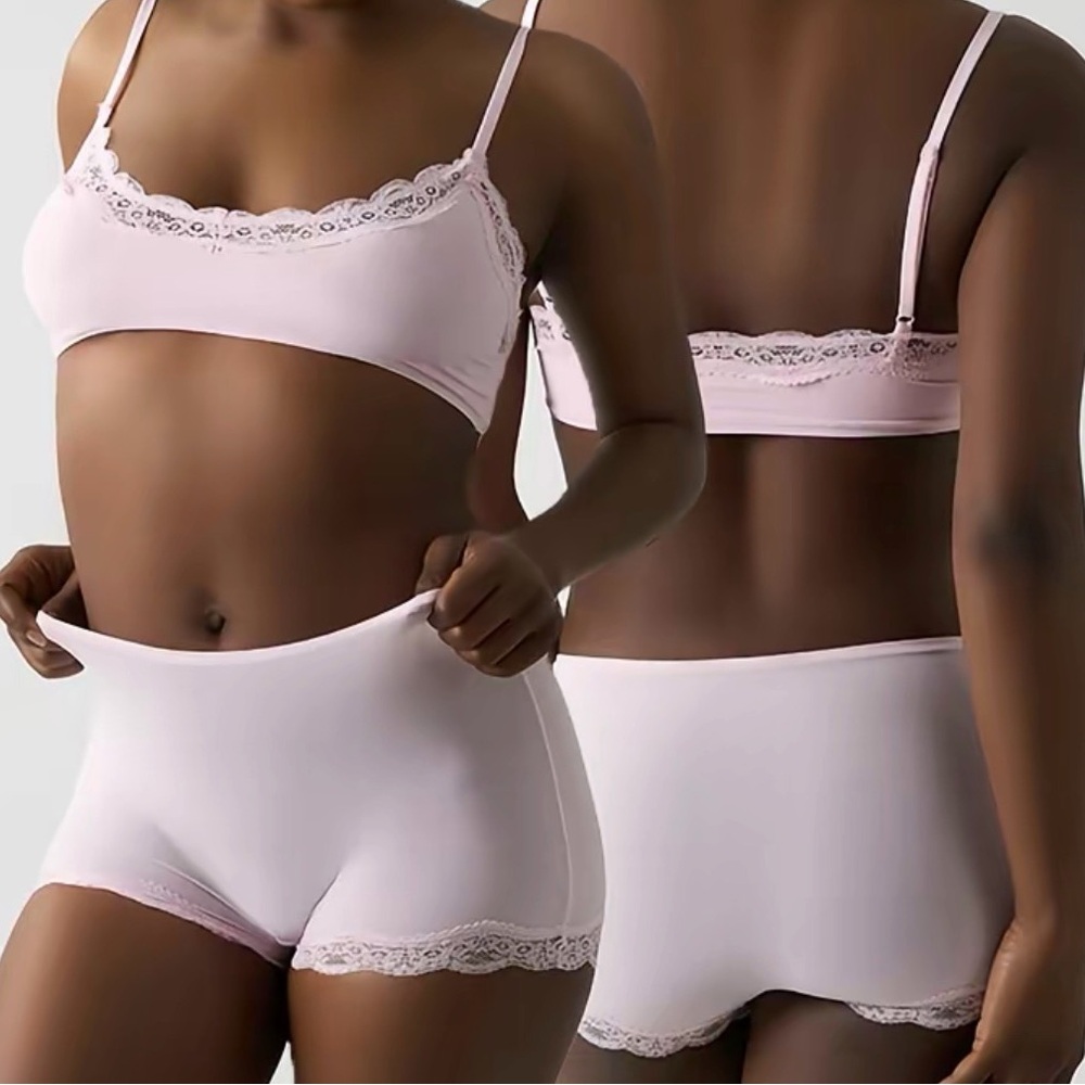 Lace Trim Pink Bralette and Shorts Set